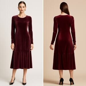 HIGH Everyday Couture Abito Donna Velour Dress Burgundy Long Sleeve Stretch NEW